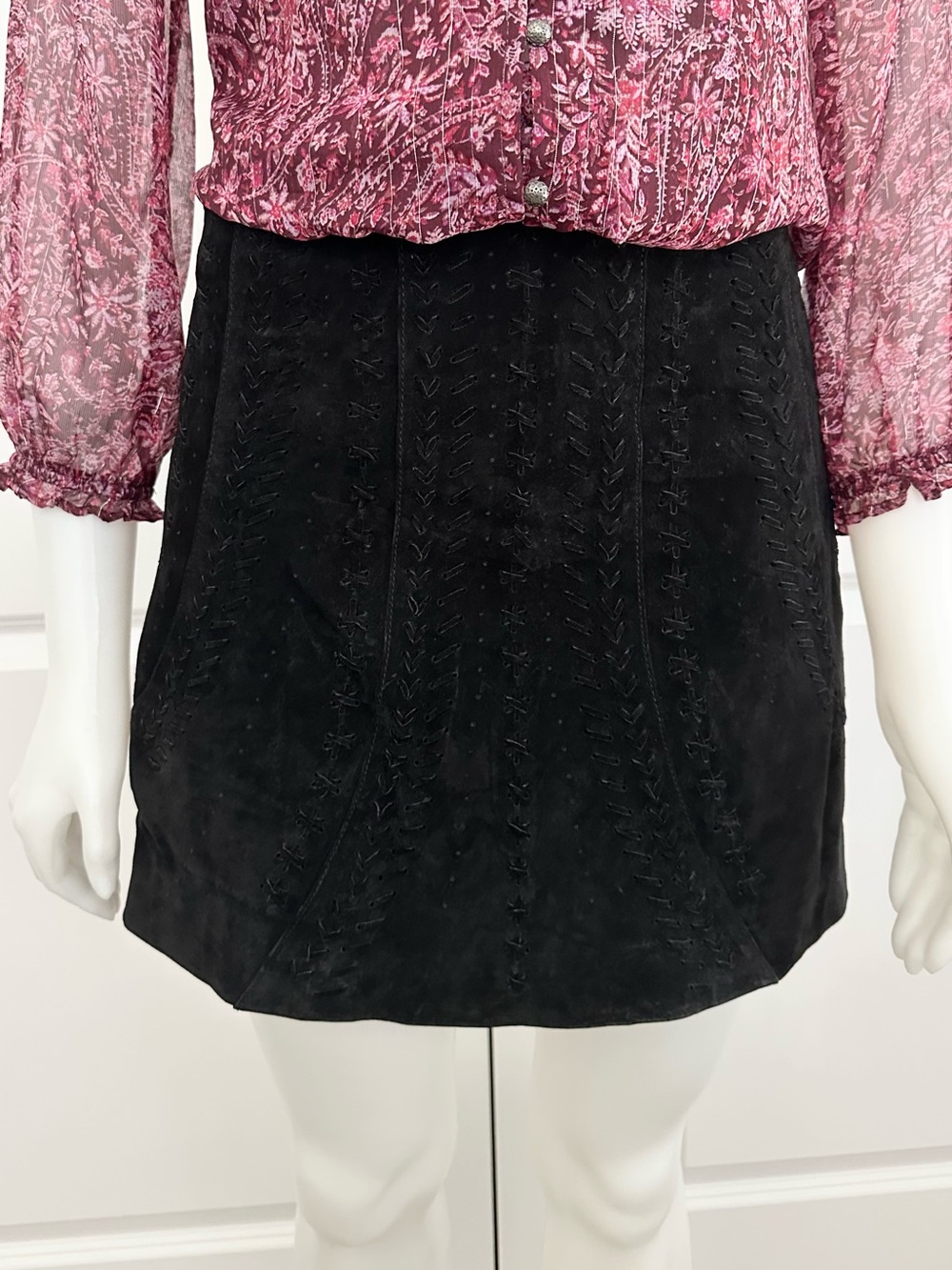 Genuine Suede Leather Black Fall Mini Skirt With Braided Detail - Boho / Western